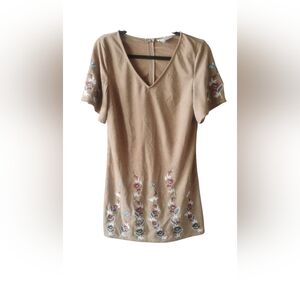 LoveRiche Brown Suede Like Embroidered Dress Holiday Feminine Mini Dress SZ M